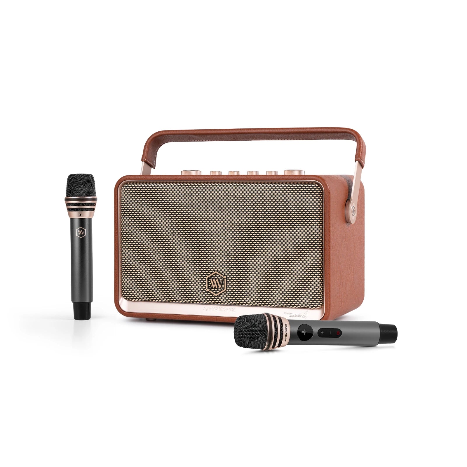 AlphaWorks W99 speaker in Brown with two wireless microphones