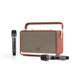 Alpha Works W99 brown speaker with rose-gold trim and two microphones