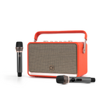 Alpha Works W99 orange speaker with rose-gold trim and two microphones